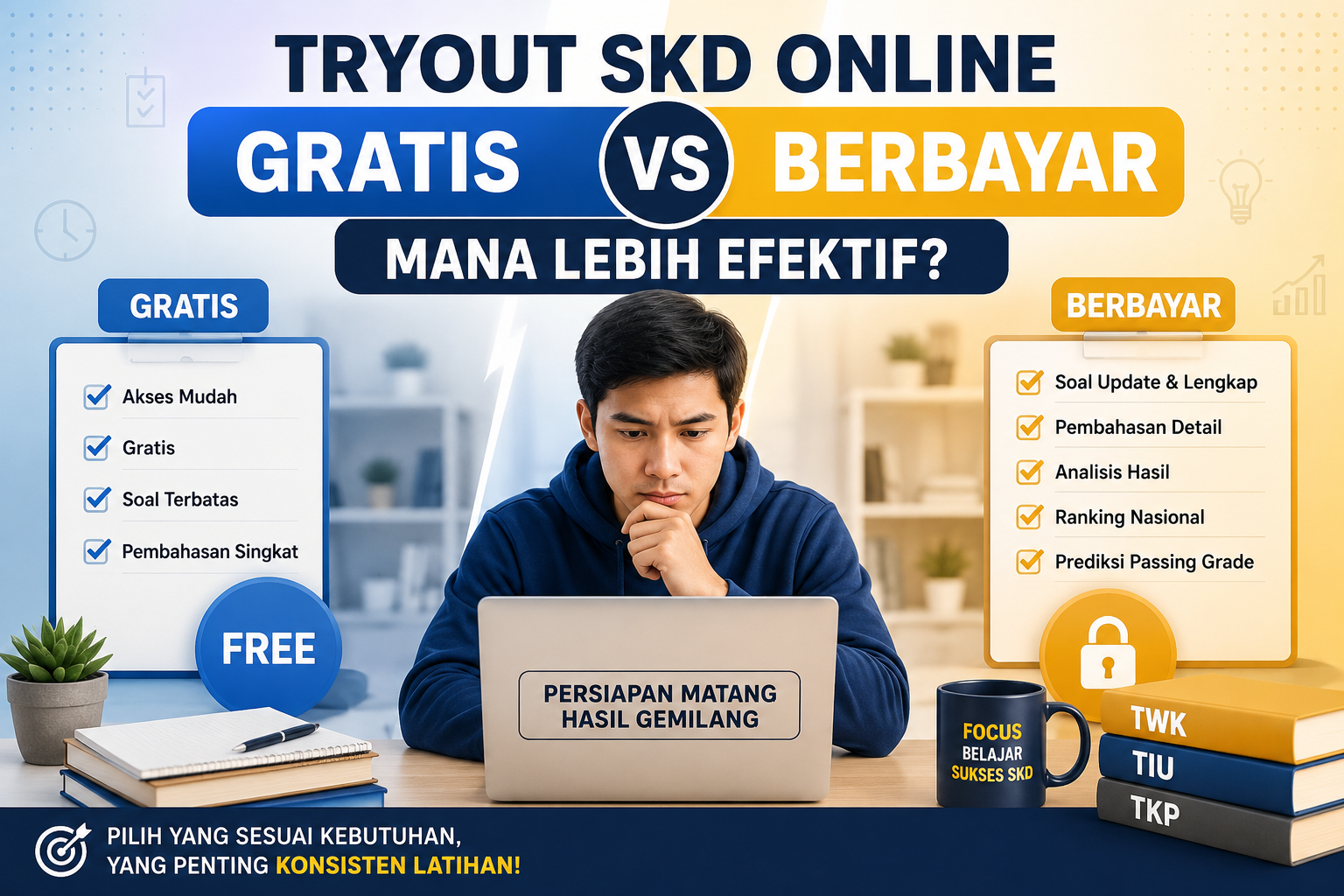 Perbandingan tryout SKD online gratis dan berbayar untuk persiapan sekolah kedinasan dan CPNS.
